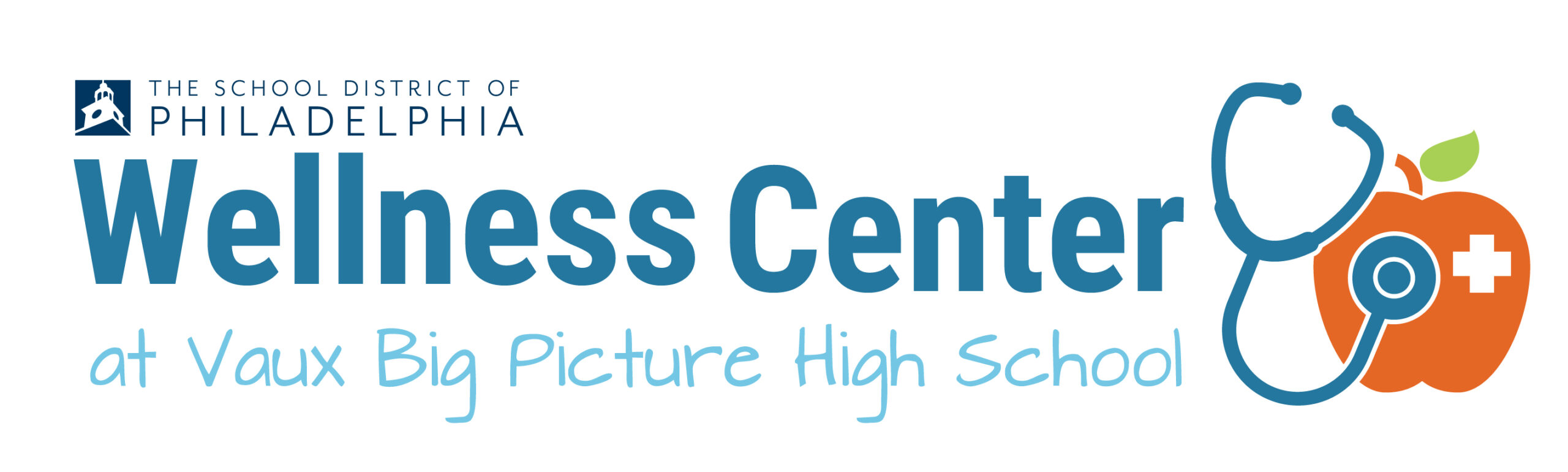 Logo for the Wellness Center at Vaux Big Picture High School, featuring The School District of Philadelphia name, stylized text, and an apple with a stethoscope